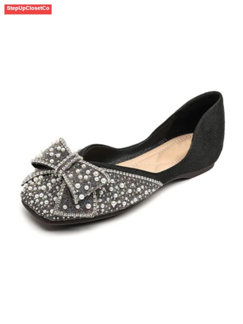 Women's Sparkly Flats Dress Shoes Low Wedges Square Toe Rhinestone Ballet Flats